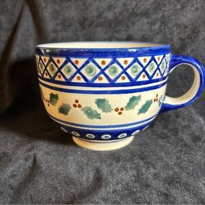 Blue and Cream Holiday Holly Pattern Ceramic Mug